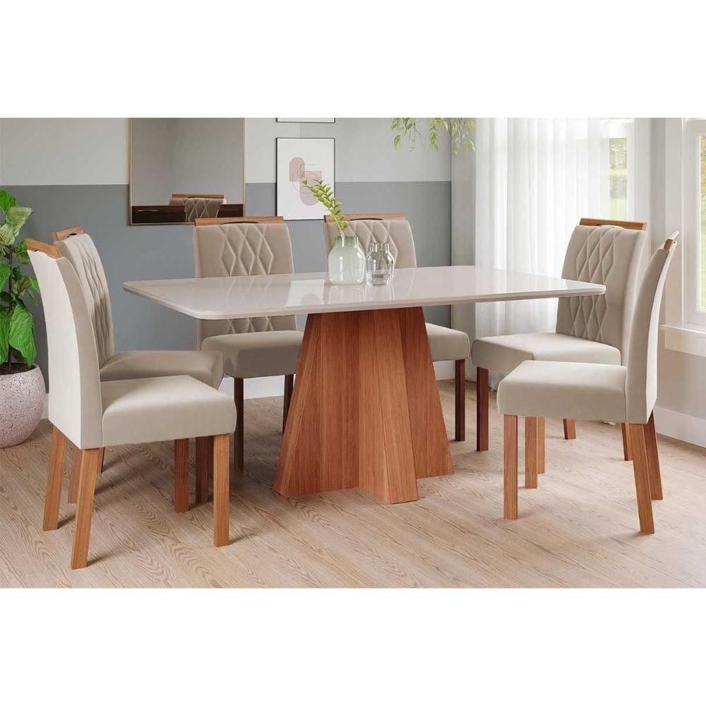 Conjunto: Mesa de Cozinha Maitê Tampo Madeirado c/ Vidro 160x80cm e 6 Cadeiras Juliana Cinamomo/Off White - Carvalho/Suede Nude Bege - Cimol