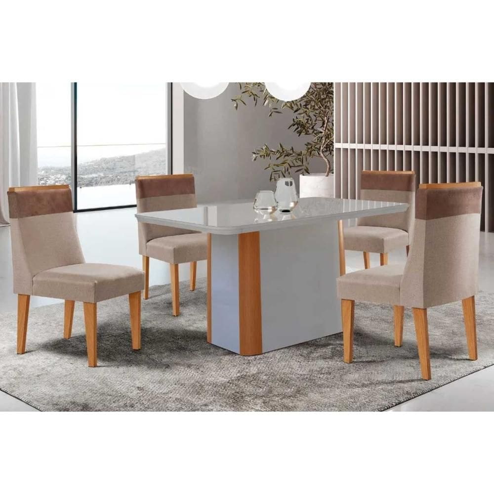 Conjunto: Mesa de Cozinha Pietá c/ Tampo Madeirado c/ Vidro Canto Curvo 120x80cm e 4 Cadeiras Jaspe Naturale/Off White - Suede Capuccino - Rufato