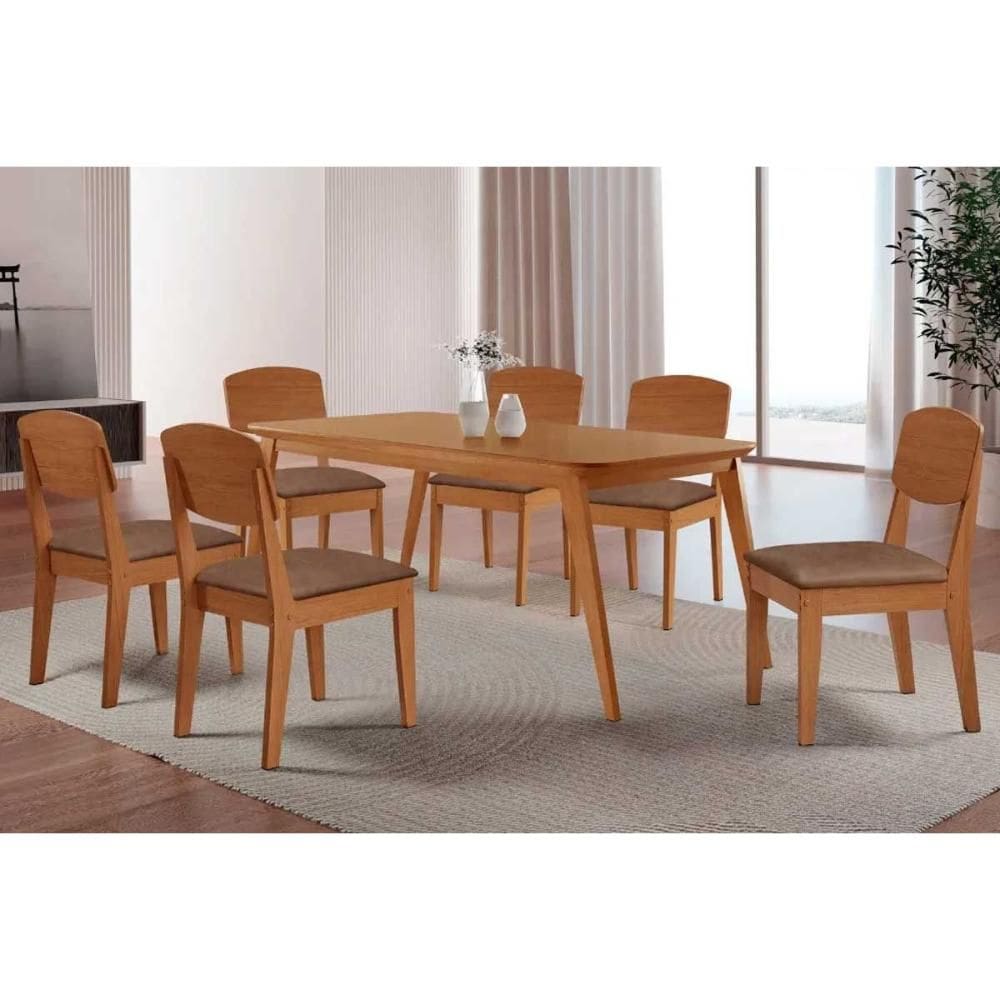 Conjunto: Mesa de Cozinha Havana c/ Tampo Madeirado Canto Curvo 180x90cm e 6 Cadeiras Havana Naturale - Corano Capuccino - Rufato