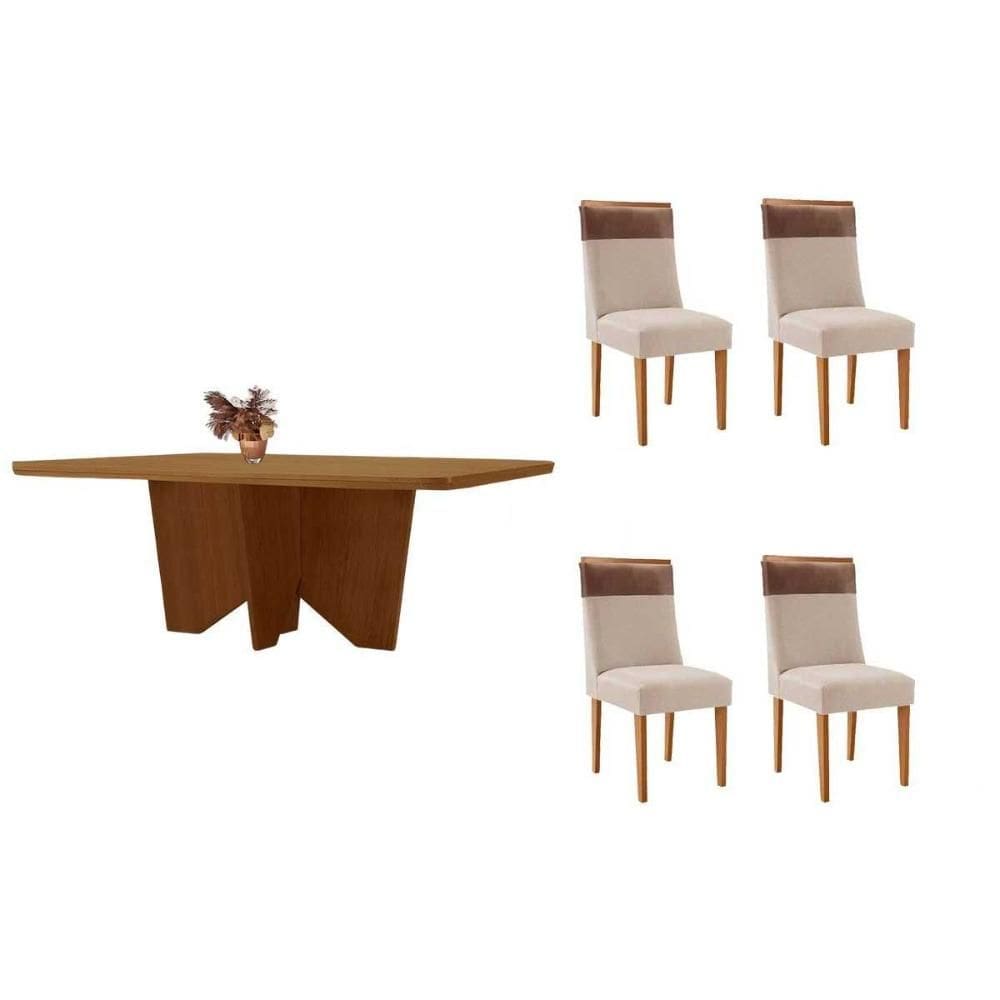 Conjunto: Mesa de Cozinha Nevada c/ Tampo Madeirado Canto Curvo 120x80cm e 4 Cadeiras Jaspe Naturale - Suede Creme - Rufato