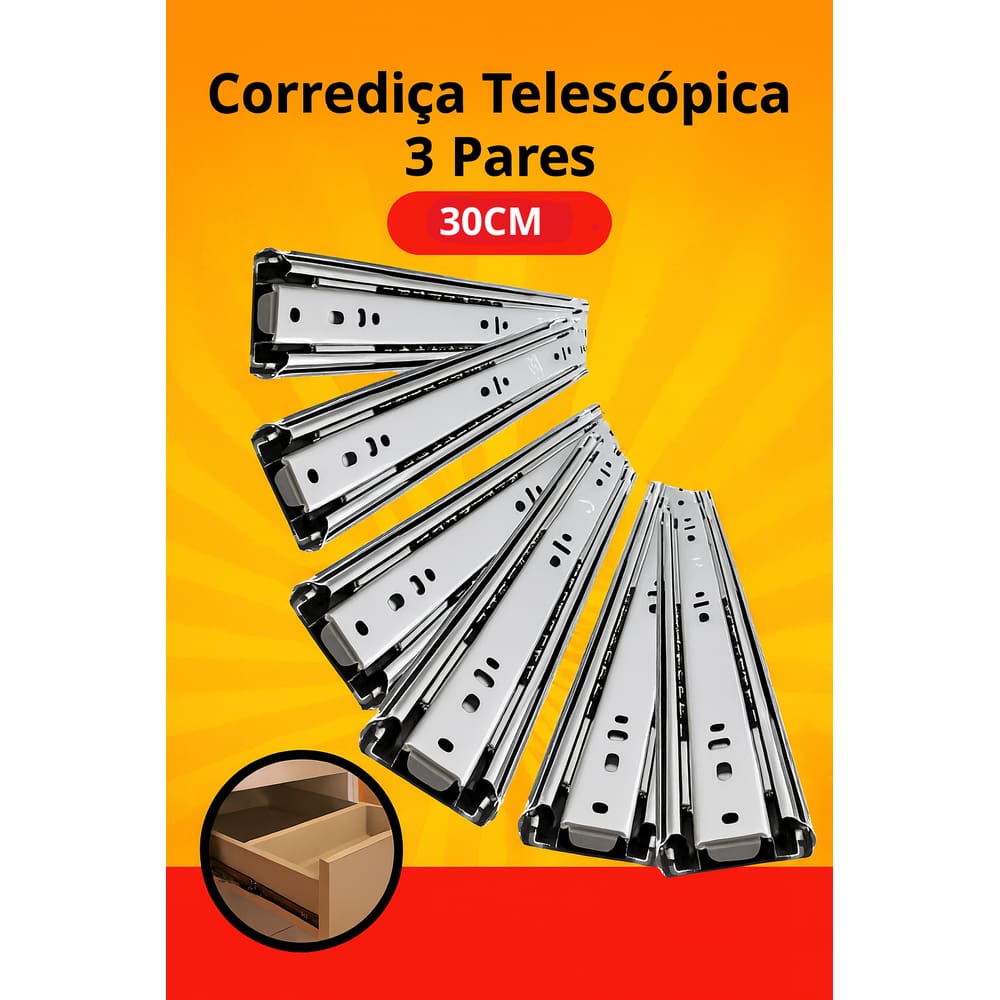 3 Pare de Trilhos Telescópicos Corrediça Profissional para Gavetas Fácil Deslisamento