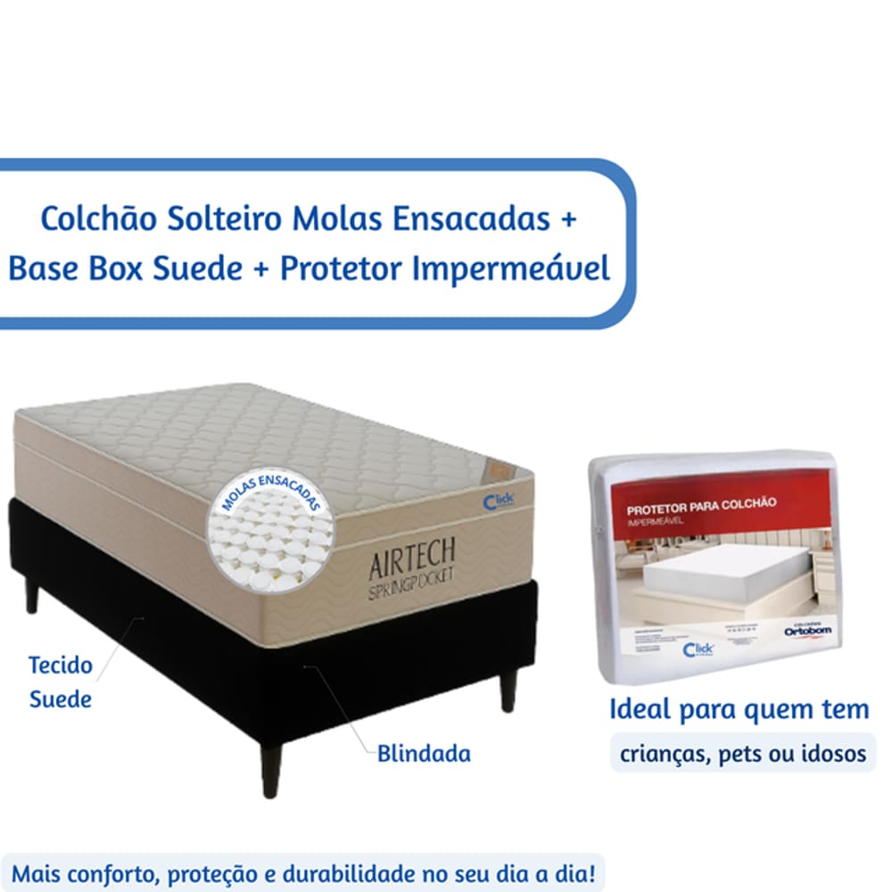 Kit Colchão Ortobom Solteiro Molas Ensacadas + Cama Box Blindada Tecido Suede + Protetor de colchão Impermeável 88x188