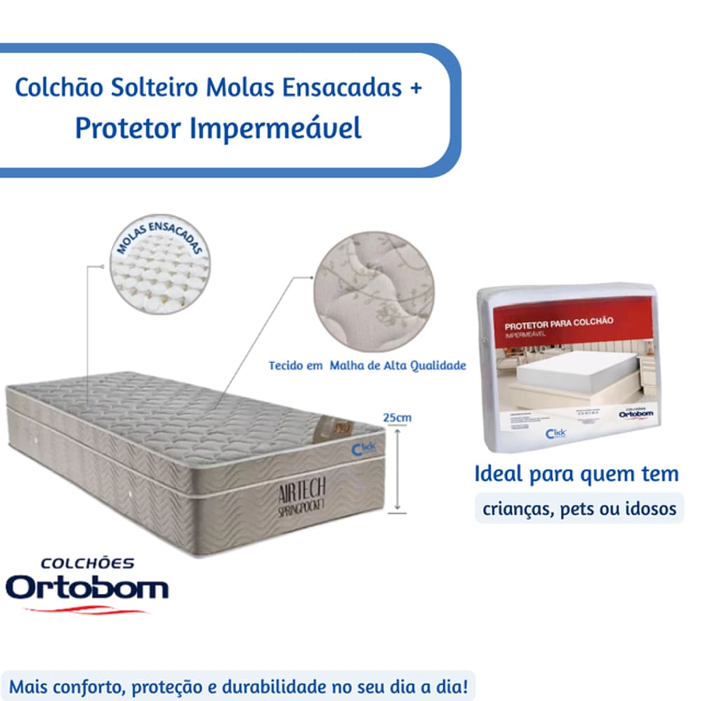 Colchão Solteiro Ortobom Molas Ensacadas 88x188x25 + Capa Protetora Impermeável Antialérgica