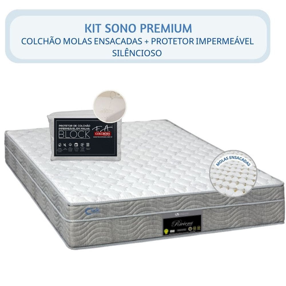 Kit Colchão Queen Riviera Molas Ensacadas 158x198x25 + Protetor Fa Block Impermeável - Confortável - Macio