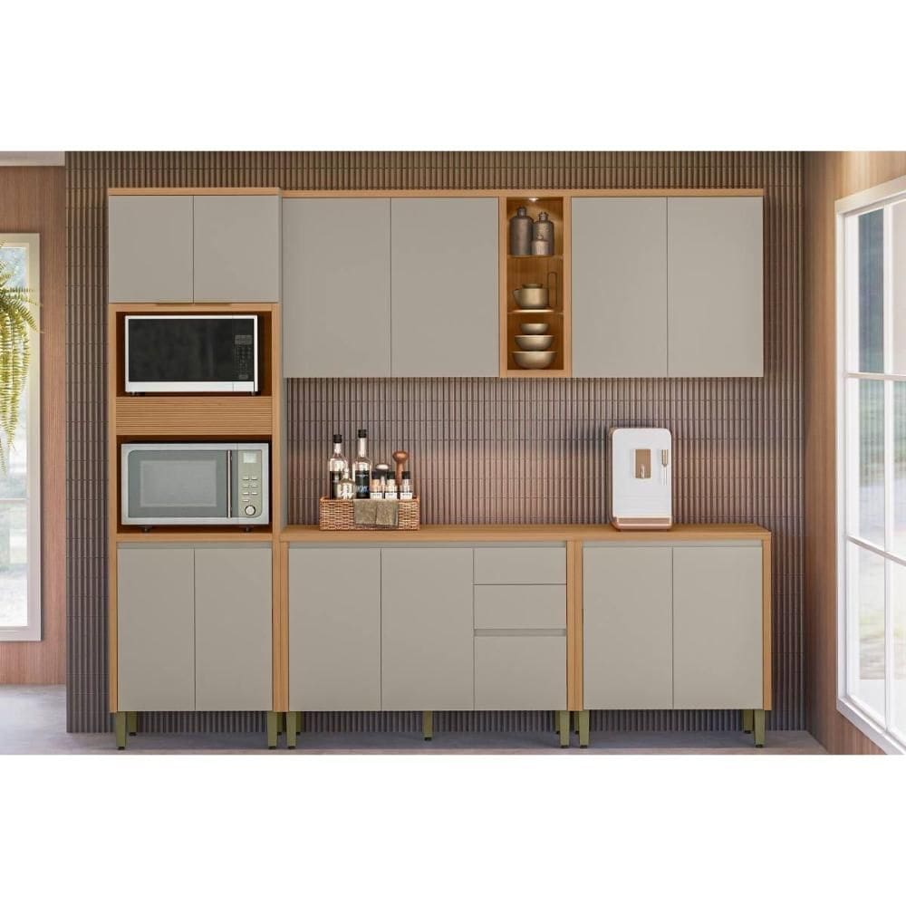 Kit de Cozinha Completa 5 Peças Allure (2Aéreos+2Balcões+1TorreQuente) CP04 Jequitiba/Gris Fosco - Linea Brasil