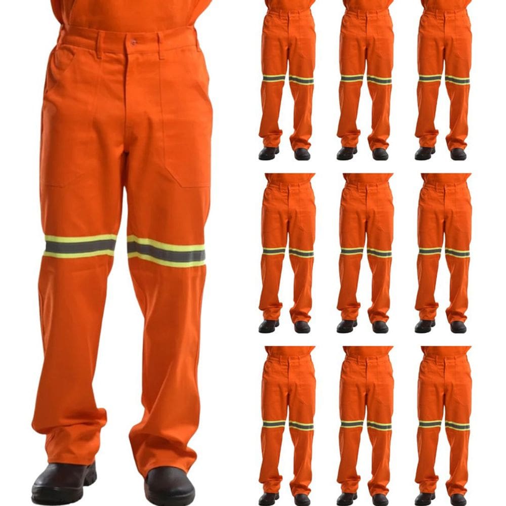 Kit 10 Calças Profissional Uniforme Trabalho Brim Pesado Faixa Refletiva
