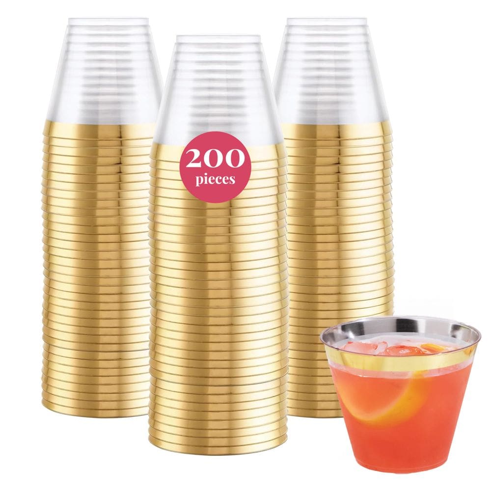 Copos descartáveis de plástico rígido Prestee de 9 onças (200 quilates) - ouro