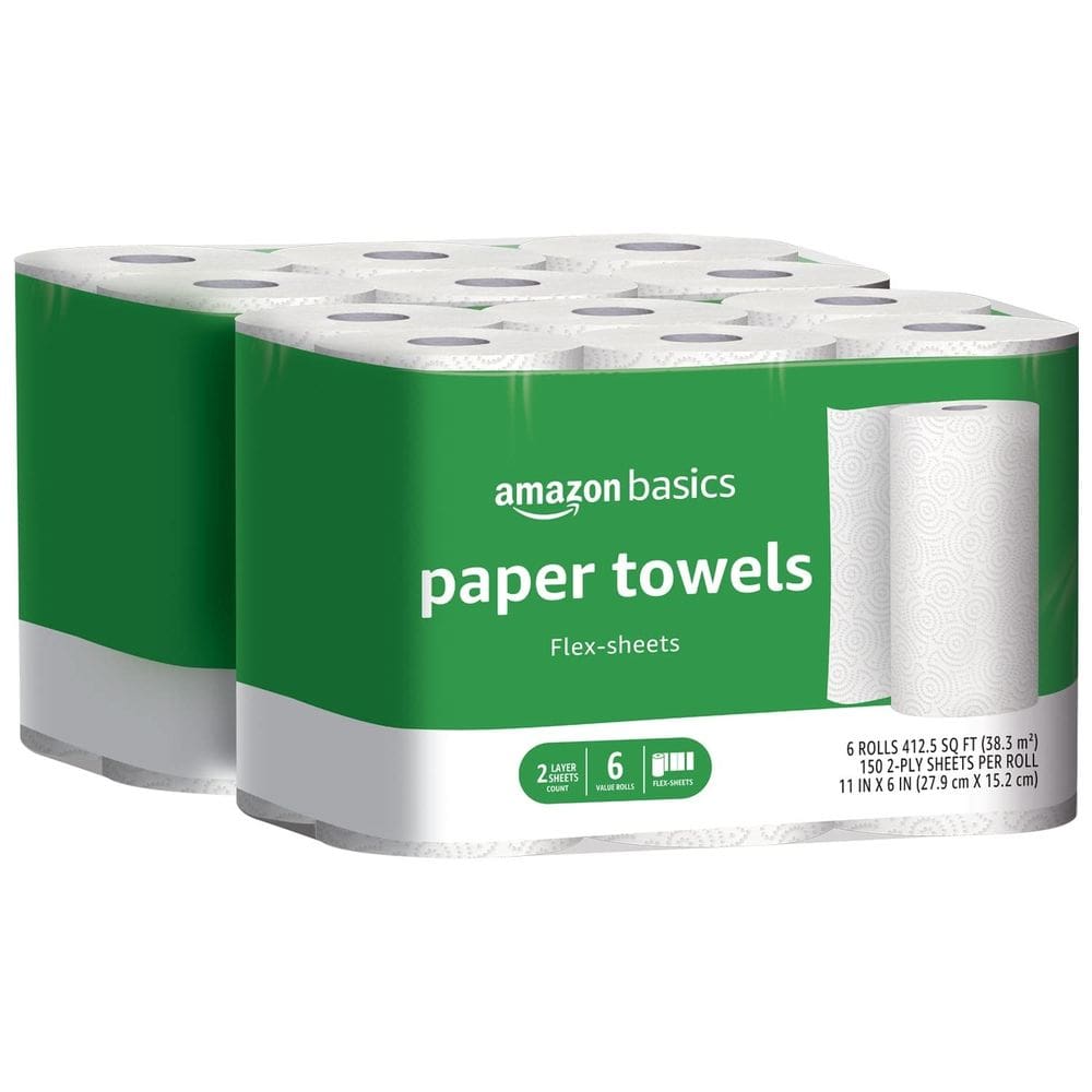 Toalhas de papel Amazon Basics, folhas flexíveis de 2 camadas, 12 rolos