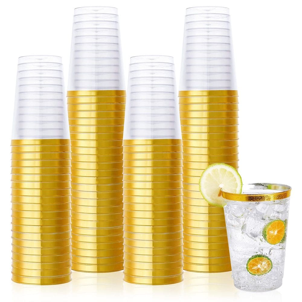 Copos de plástico Vplus 350 ml com borda dourada, pacote com 150, reutilizáveis, transparentes