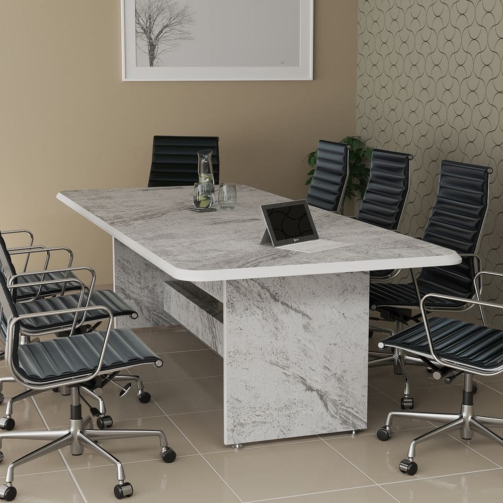 Mesa De Reunião Retangular Tampo Estilo Marmorizado Escritório Executivo Grande 220cm 8 Lugares Estrutura Robusta