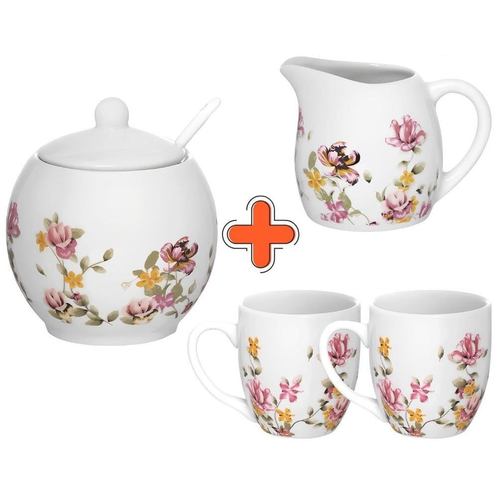 Conjunto Le Jardin Açucareiro, Leiteira e 2 Canecas em Porcelana 4 Peças