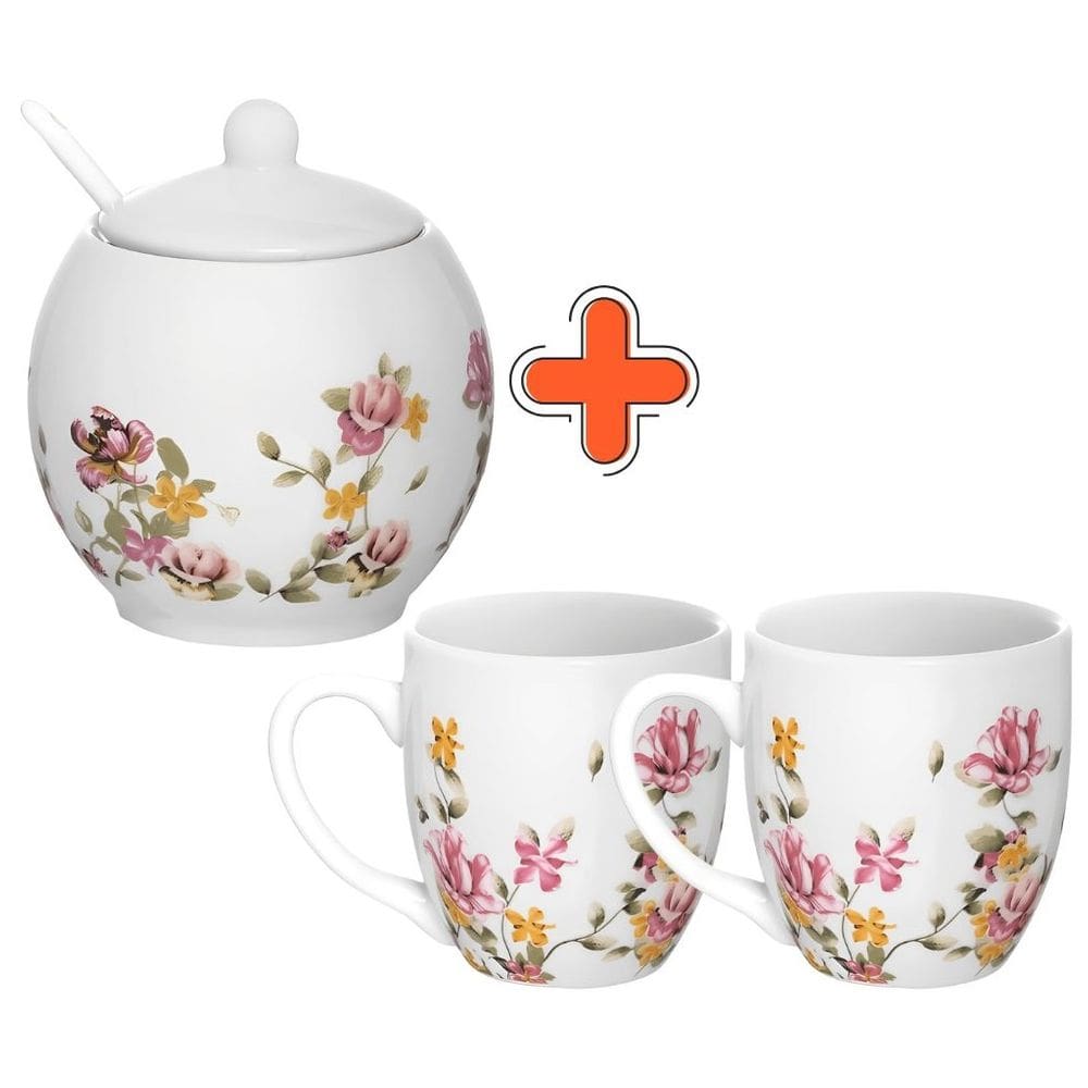 Kit Le Jardin Açucareiro com Colher 350ml e 2 Canecas 300ml em Porcelana