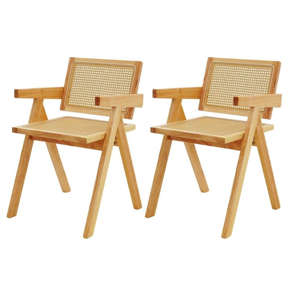 Kit 2 Cadeiras Com Assento Encosto Rattan Base Cor Natural Em Madeira