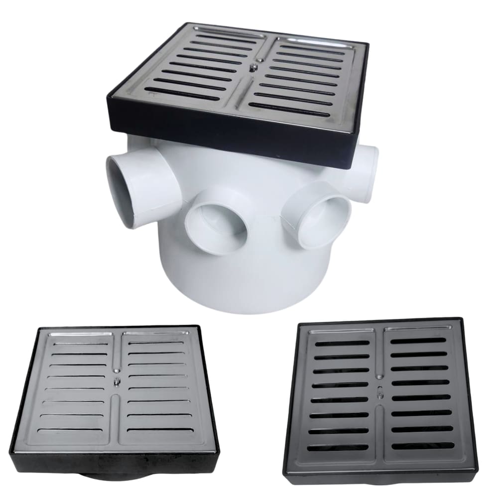 Ralo de Banheiro 15x15 Inox Abre Fecha Veneziana 15x15 Base Preto e Caixa Sifonada 150mm