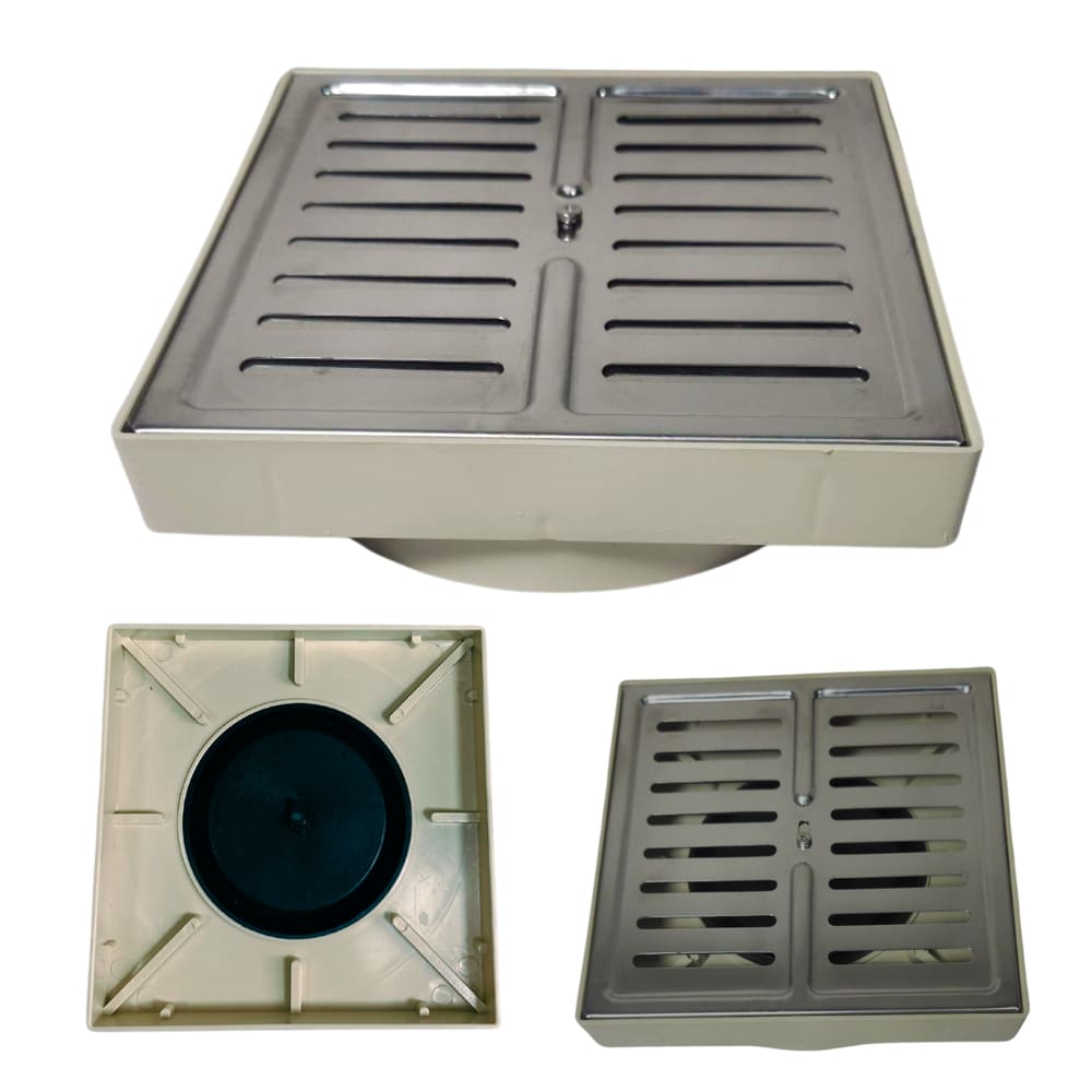 Ralo de Banheiro 15x15 Tampa Inox Abre Fecha Veneziana 15x15 Base Bege