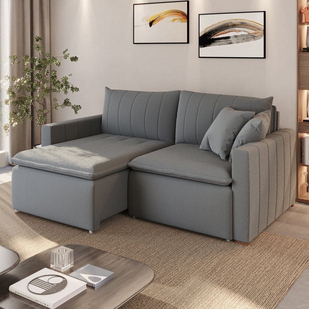 Sofá Cama em Madeira Eucalipto e Bouclê 230cm Uruguai Cinza