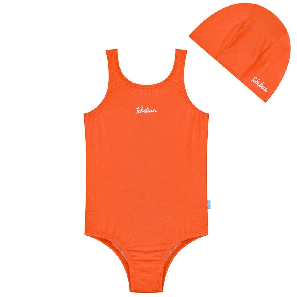 Maiô Natação Infantil com Touca Proteção UV50+ Laranja Neon Kamylus