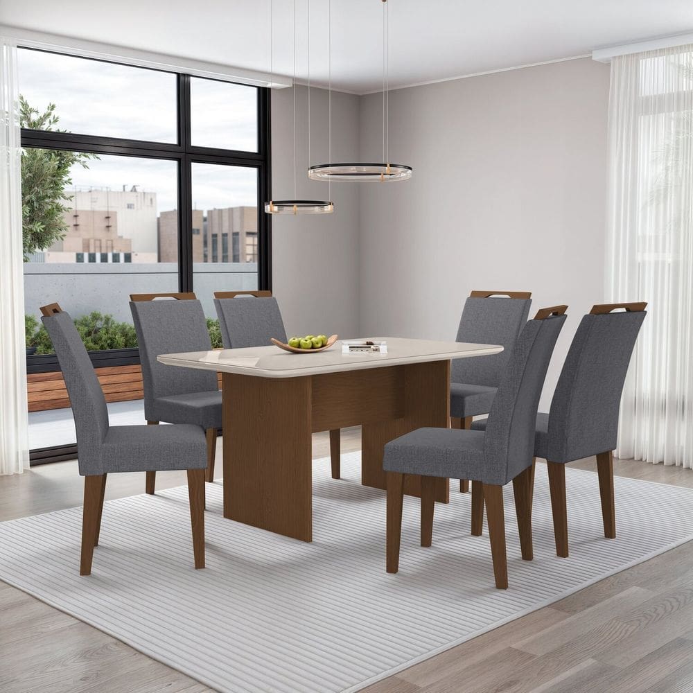 Mesa Cairo 160x78cm Tampo Mdf e Vidro com 6 Cadeiras Evora Freijó/Cinza/Off White