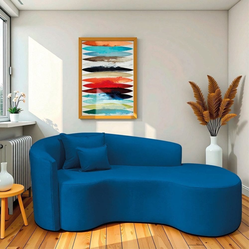 Recamier Curvo Orgânico 180cm 3 Lugares Lado Direito para Sala de Estar Linho Londres Azul royal