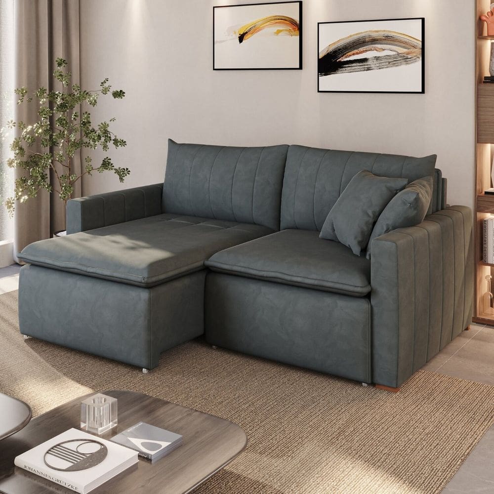 Sofá Cama em Madeira Eucalipto e Veludo 230cm Uruguai Cinza