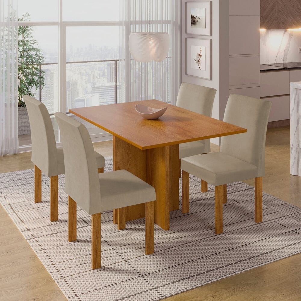 Conjunto Sala de Jantar Mesa Carol 100x79cm Tampo Dakota e 4 Cadeiras Espanha Cinamomo/Bege Claro