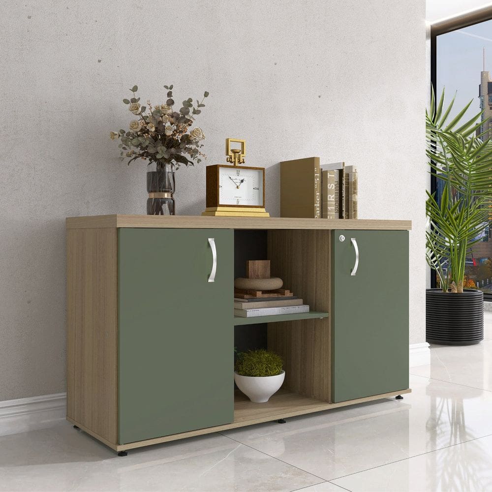 Armário Baixo com Nicho 2 Portas Pivotante Credenza Noce Naturalle/Salvia