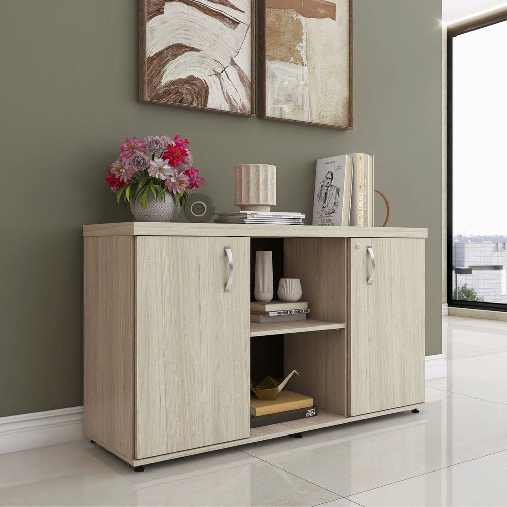 Armário Baixo com Nicho 2 Portas Pivotante Credenza Castanheira Natural