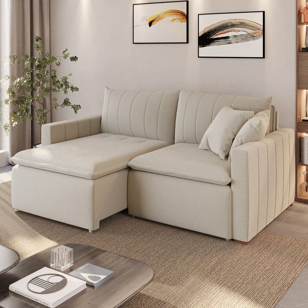 Sofá Cama em Madeira Eucalipto e Bouclê 210cm Uruguai Cru