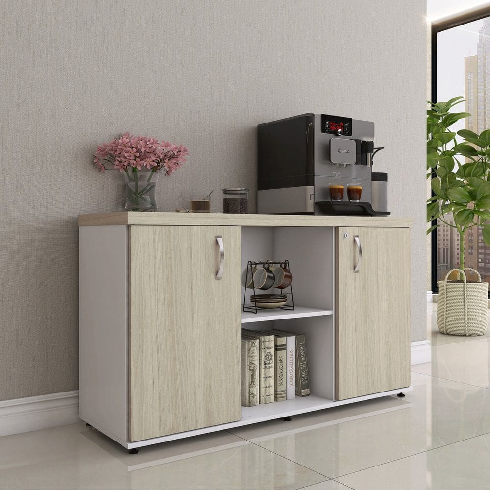 Armário Baixo com Nicho 2 Portas Pivotante Credenza Branco/Castanheira Natural