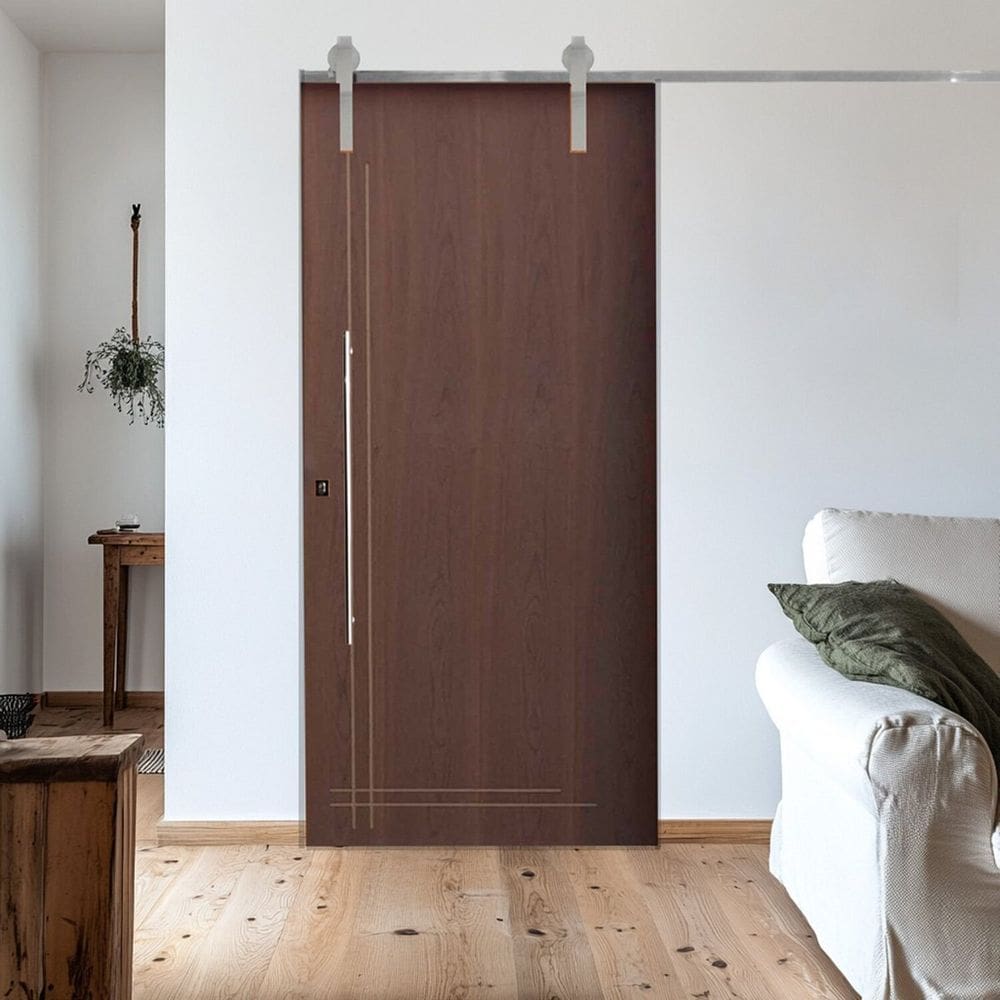 Porta Correr Frisada Trilho Soft Aparente Puxador Tubo 60cm 92x210cm Direito Rodam