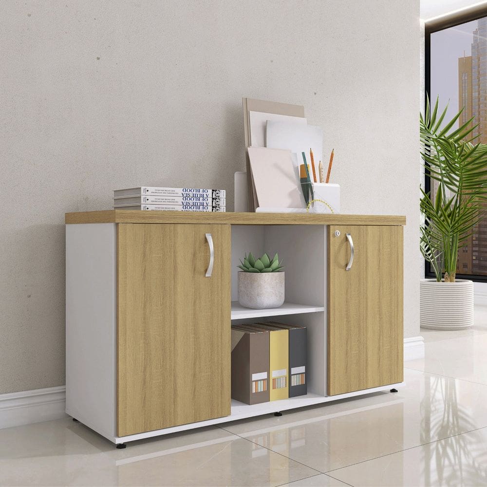 Armário Baixo com Nicho 2 Portas Pivotante Credenza Branco/Samba