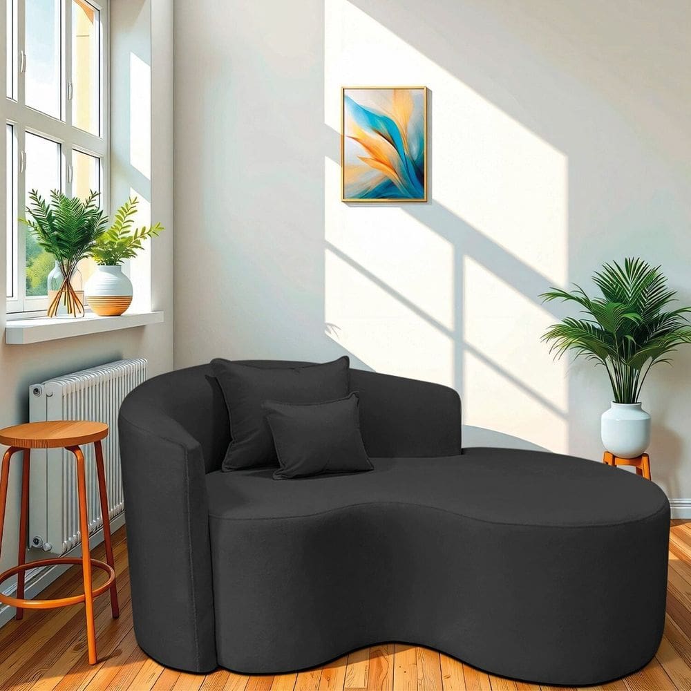 Recamier Curvo Orgânico 150cm 2 Lugares Lado Direito para Sala de Estar Linho Londres Preto