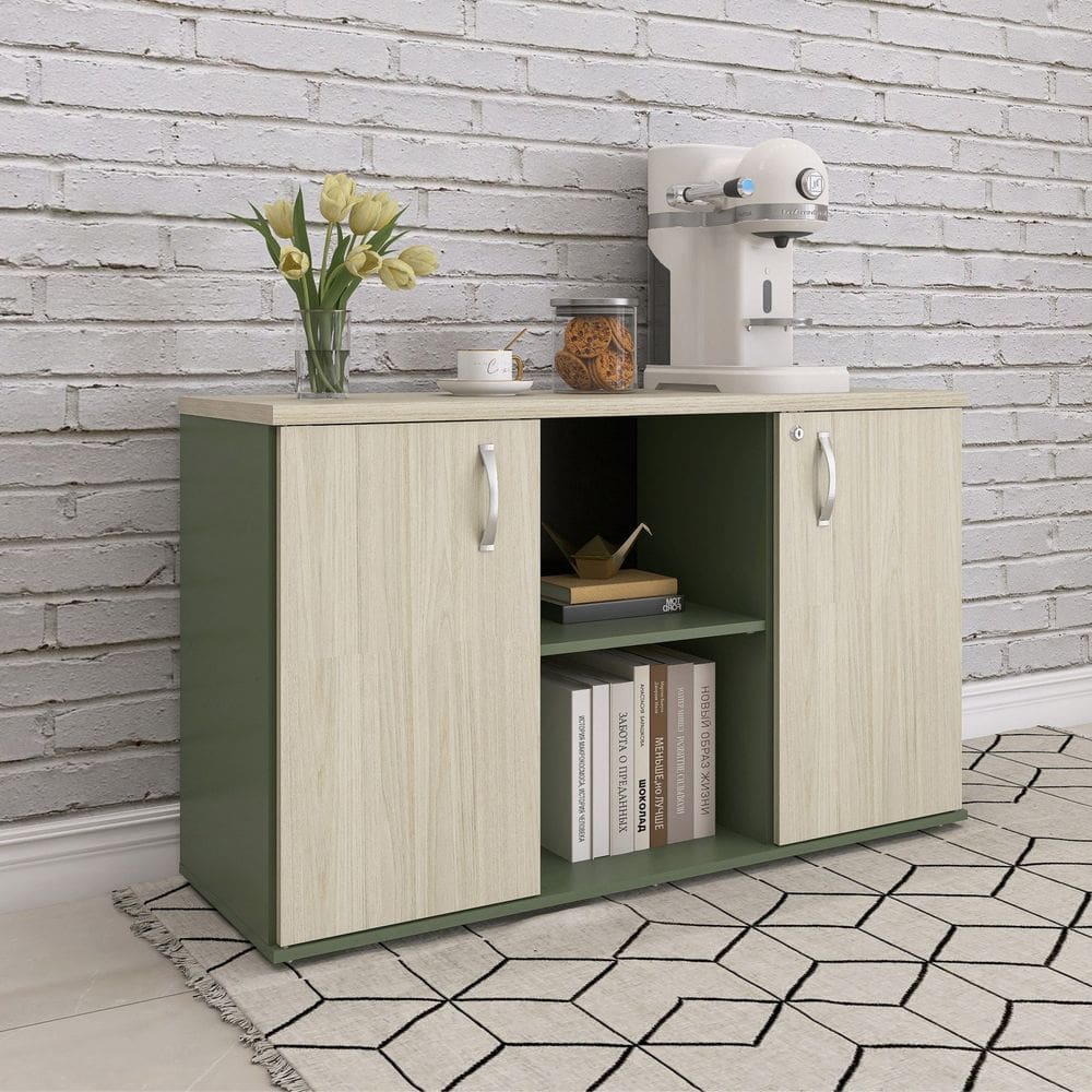 Armário Credenza 2 Portas Pivotante P25 Salvia/Castanheira Natural