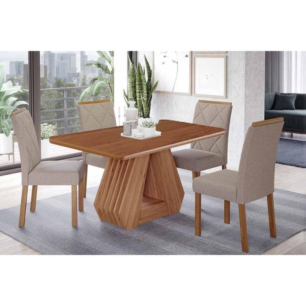 Conjunto: Mesa de Cozinha Ágata Tampo Madeirado 130x80cm e 4 Cadeiras Fernanda Cinamomo/Off White - Carvalho/Suede Nude Bege - Cimol