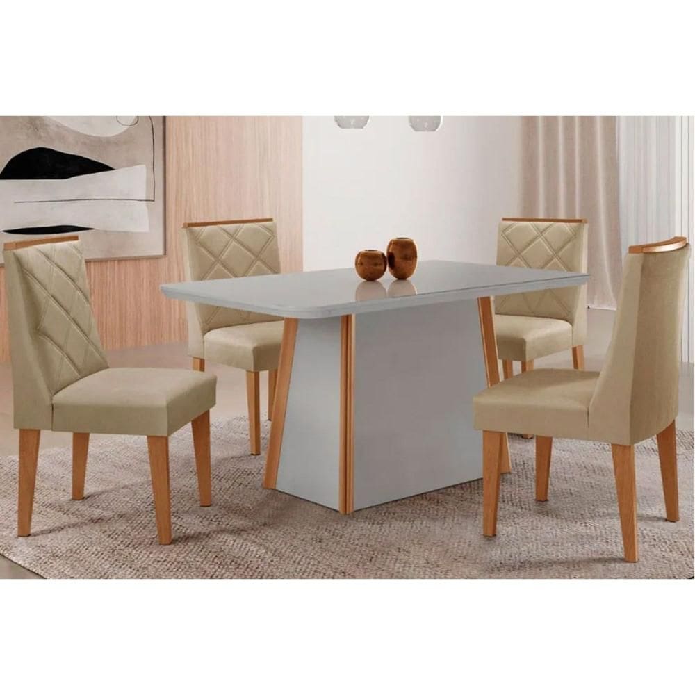 Sala de Jantar Completa Tilia c/ Tampo Madeirado c/ Vidro Canto Curvo 120x80cm e 4 Cadeiras Pietá Naturale/Off White - Linho Bege - Rufato
