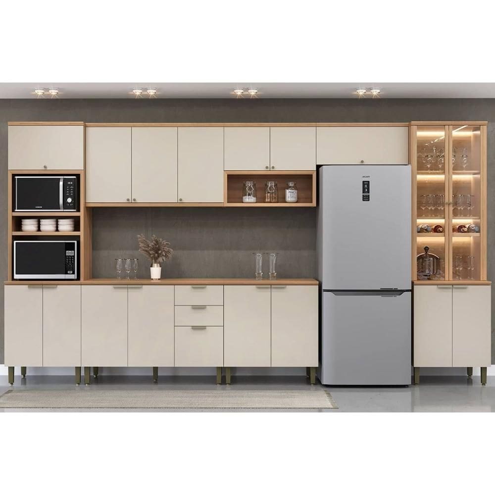 Cozinha Modulada Completa Selene 7 Peças (3Aéreos+2Balcões+2Paneleiros) CP02 Jequitiba/Off White Fosco - Linea Brasil