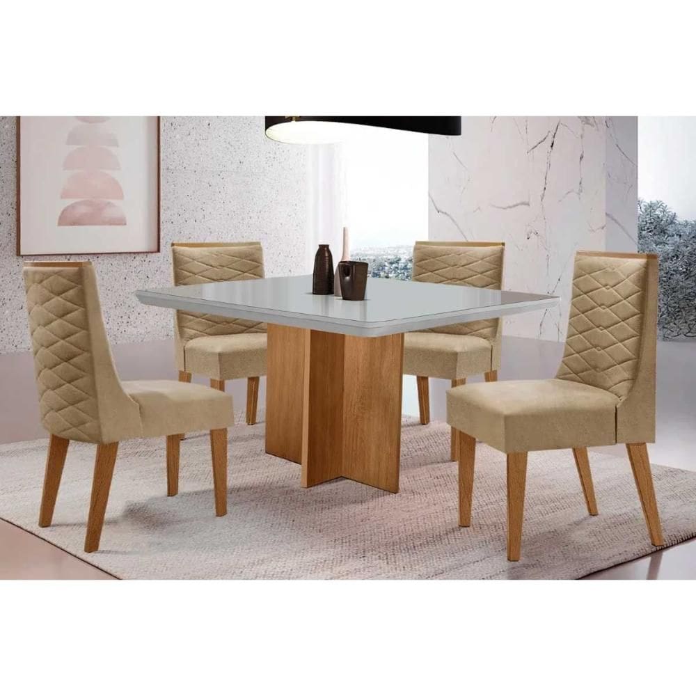 Sala de Jantar Completa Berlim c/ Tampo Madeirado c/ Vidro Canto Curvo 90x90cm e 4 Cadeiras Dafne Naturale/Off White - Linho Bege - Rufato