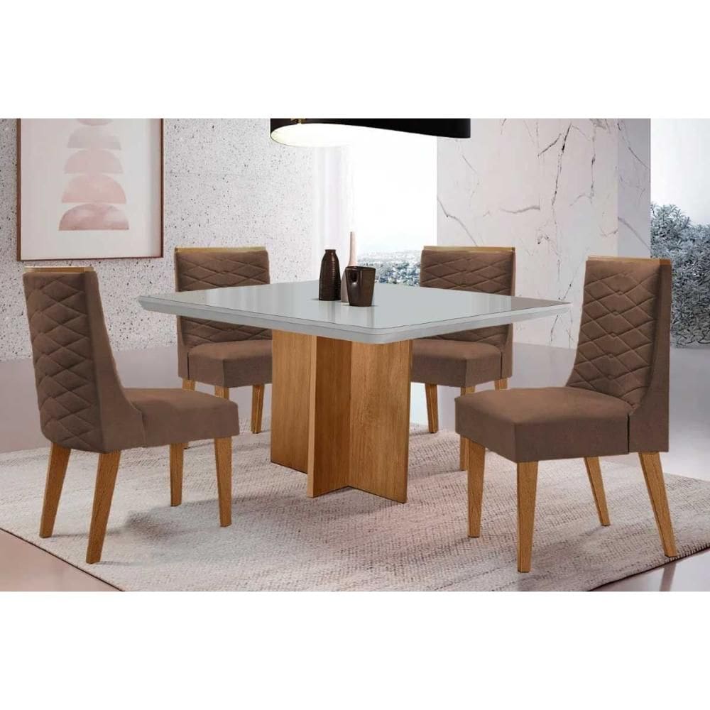Sala de Jantar Completa Berlim c/ Tampo Madeirado c/ Vidro Canto Curvo 90x90cm e 4 Cadeiras Dafne Naturale/Off White - Corano Capuccino - Rufato