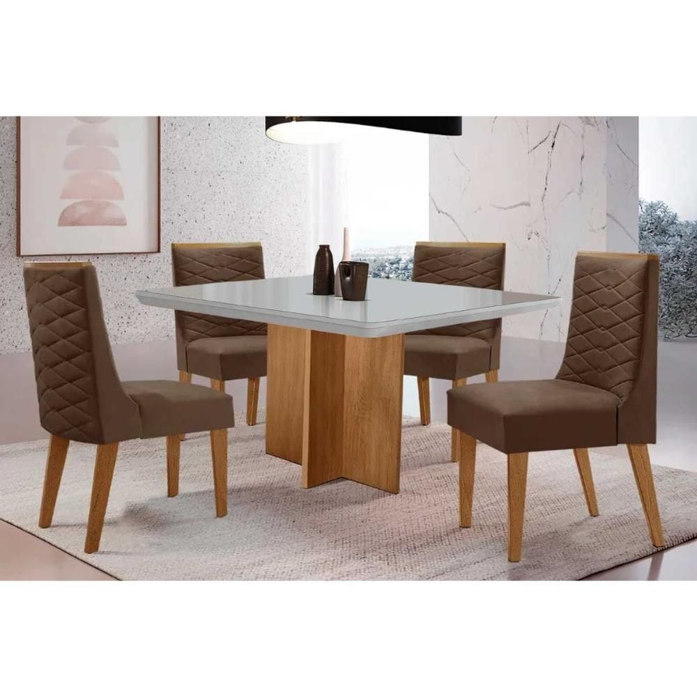 Sala de Jantar Completa Berlim c/ Tampo Madeirado c/ Vidro Canto Curvo 90x90cm e 4 Cadeiras Dafne Naturale/Off White - Suede Marrom - Rufato