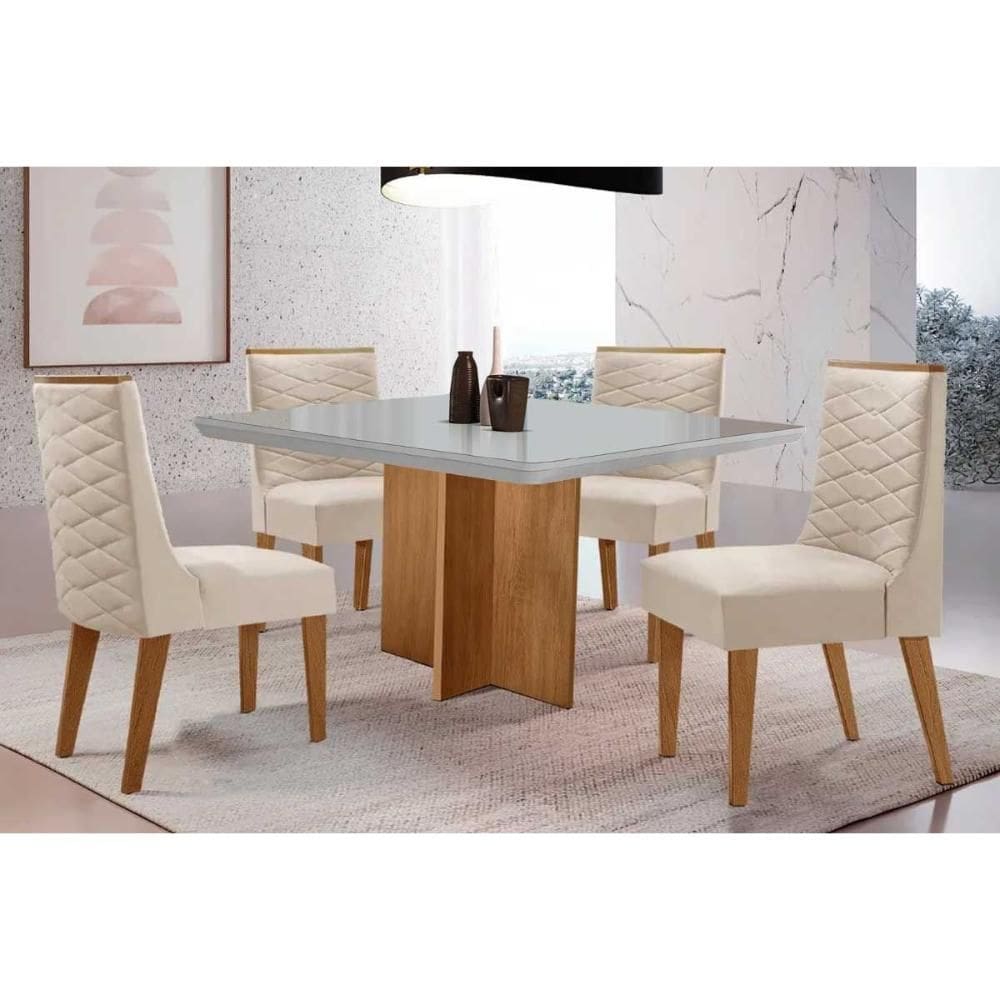 Sala de Jantar Completa Berlim c/ Tampo Madeirado c/ Vidro Canto Curvo 90x90cm e 4 Cadeiras Dafne Naturale/Off White - Suede Creme - Rufato