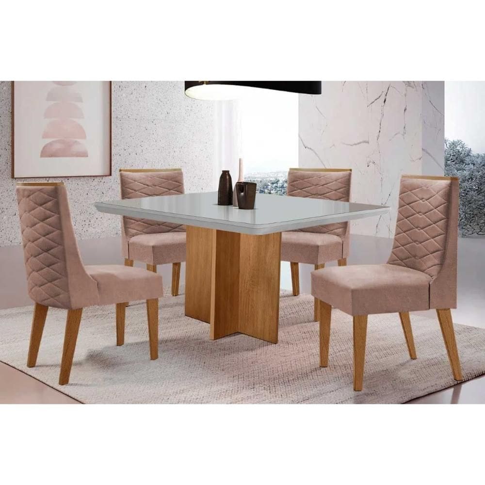Sala de Jantar Completa Berlim c/ Tampo Madeirado c/ Vidro Canto Curvo 90x90cm e 4 Cadeiras Dafne Naturale/Off White - Linho Capuccino - Rufato