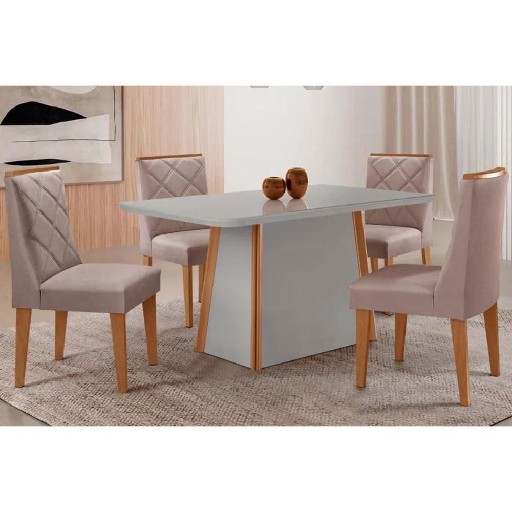 Sala de Jantar Completa Tilia c/ Tampo Madeirado c/ Vidro Canto Curvo 120x80cm e 4 Cadeiras Pietá Naturale/Off White - Linho Capuccino - Rufato