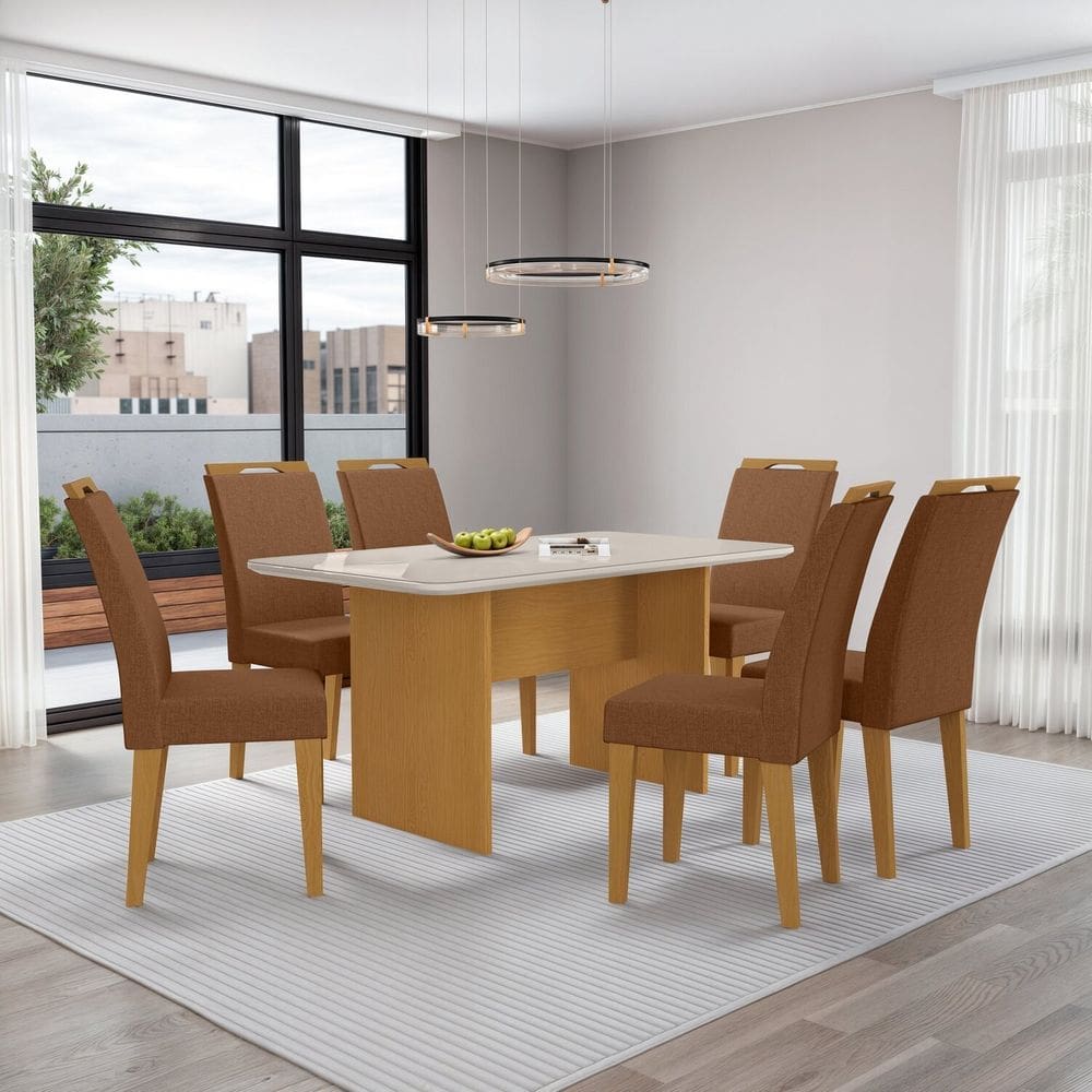 Mesa Cairo 160x78cm Tampo Mdf e Vidro com 6 Cadeiras Evora Marrom/Marrom/Off White