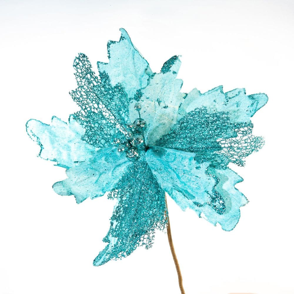Kit 2 Flores Decoração Natal Glitter Artificial Azul 30cm