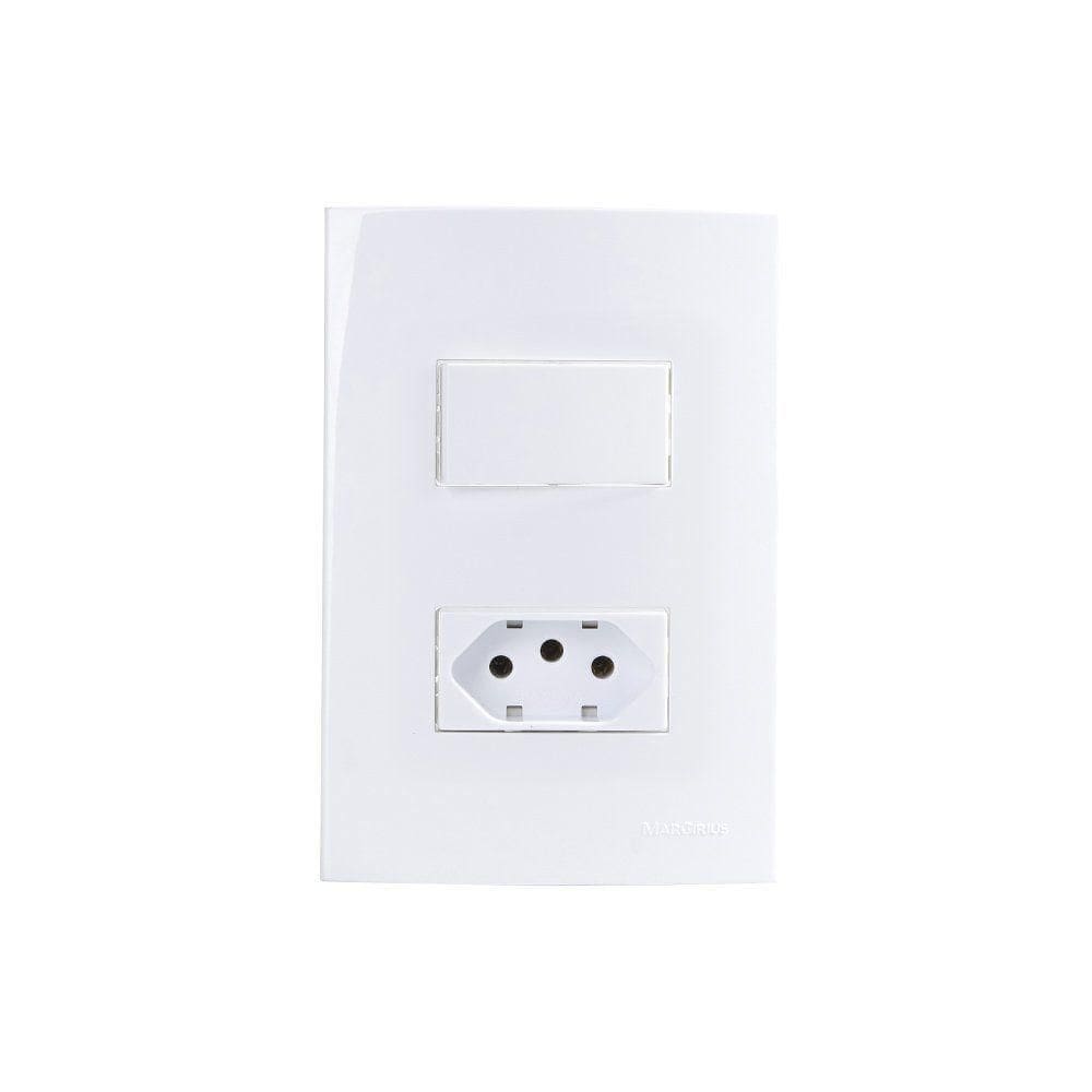 Interruptor Simples 10a E Tomada 2p+t 10a Margirius Sleek Com Placa 4x2 Branco Branco