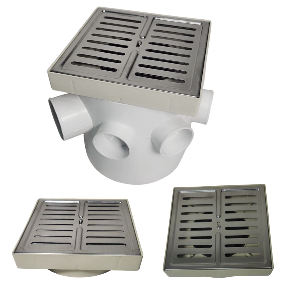 Ralo 15x15 Inox Escamoteavel Veneziana com Base Plástico Bege e Caixa Sifonada 150mm