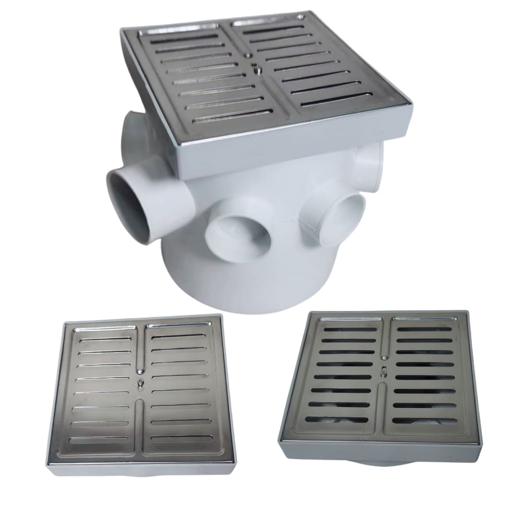 Ralo de Banheiro 15x15 Inox Abre Fecha Veneziana 15x15 Base Cinza e Caixa Sifonada 150mm