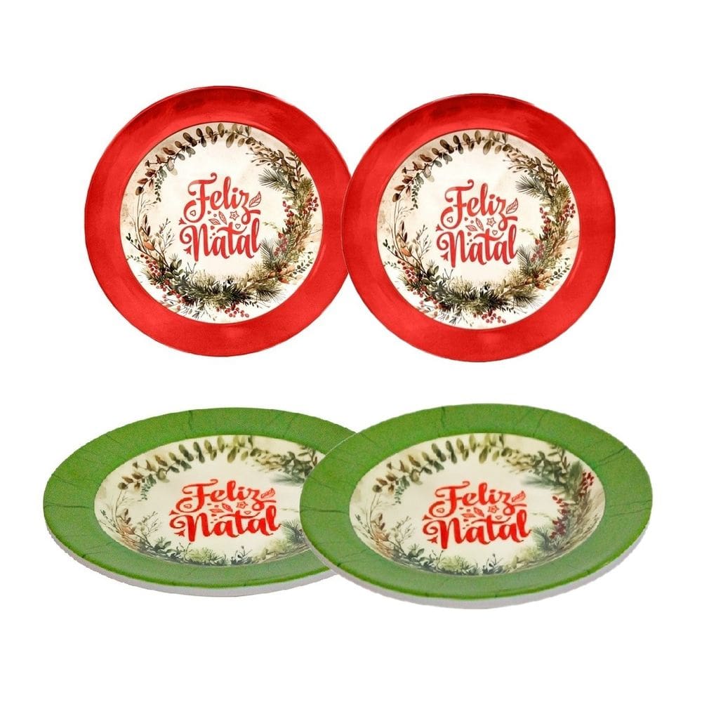 Conjunto 4 Pratos Em Melamina Para Sobremesa Feliz Natal 17,5cm