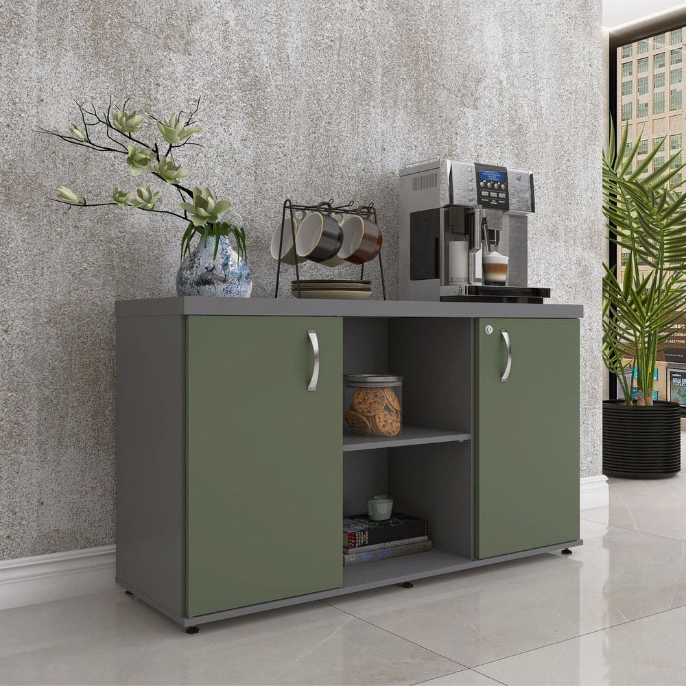 Armário Baixo com Nicho 2 Portas Pivotante Credenza Grafito/Salvia