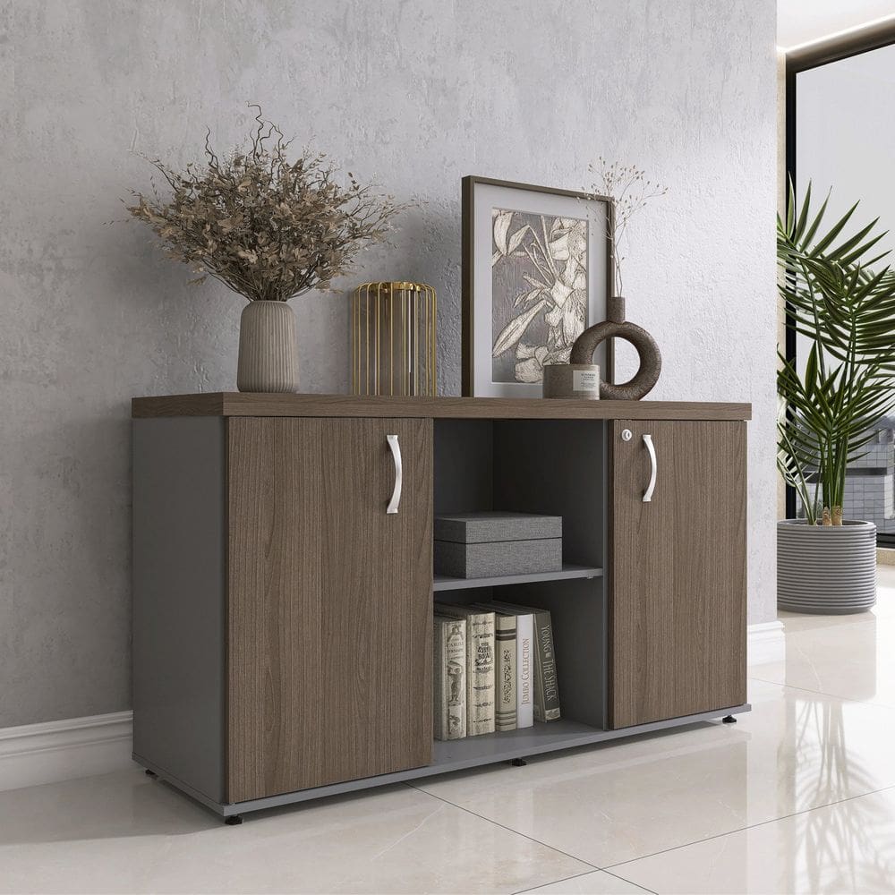 Armário Baixo com Nicho 2 Portas Pivotante Credenza Grafito/Walnut